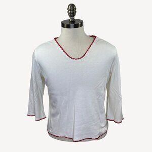 Blair Womens White V-Neck Top 3/4 Sleeves Red Crocheted Trim White Size Medium